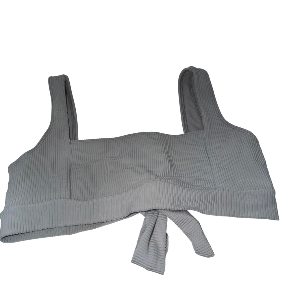 Lovewave Ribbed Square Neck Tie Front‎ Bikini Top Swimsuit Bralette Grey Medium